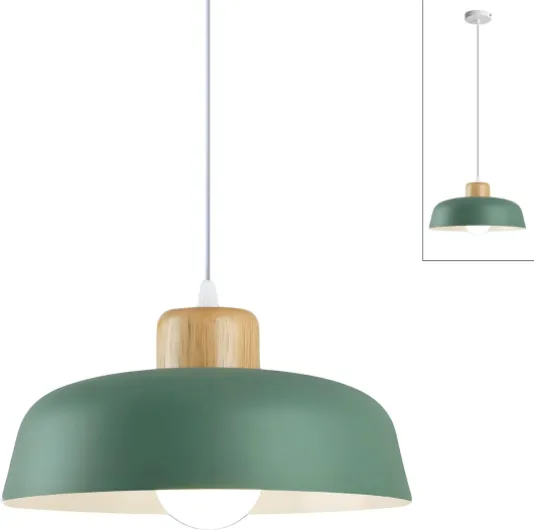 Suspension Luminaire Nordique en Métal avec Finition Bois, Lampe Suspendue Moderne et Minimaliste E27 pour Salon Îlot de Cuisine et Salle à Manger (Vert)