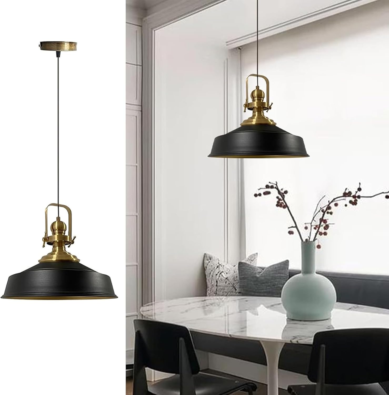Asletl Suspension Luminaire Industrielle Rétro en Metal de 41 cm, Lustre de Salon Vintage, Éclairage de Plafond pour Chambre, Cuisine, Plafonnier Suspension, Lampe Suspendue, Noir Noir x1