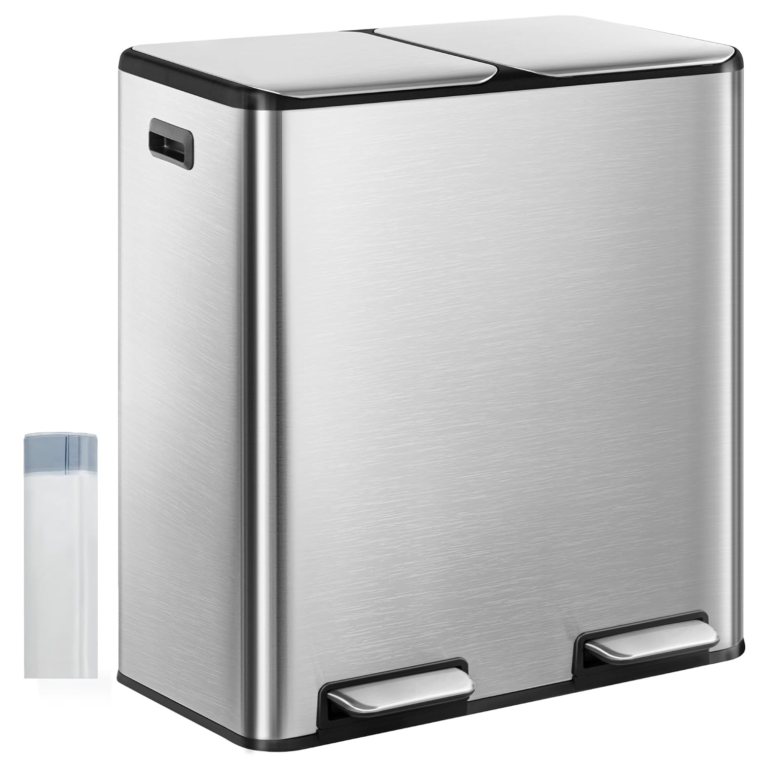 Poubelle Cuisine, 60L (2 x 30 L), Poubelle Tri Selectif 2, Poubelles Tri avec Pédale Acier Inoxydable, Ilencieux et retombe Lentement, avec 15 Sacs Poubelles, pour Cuisine, Argent SW06099E