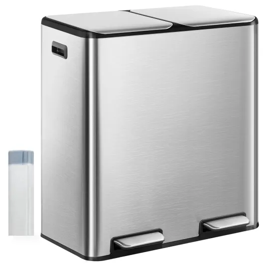 Poubelle Cuisine, 60L (2 x 30 L), Poubelle Tri Selectif 2, Poubelles Tri avec Pédale Acier Inoxydable, Ilencieux et retombe Lentement, avec 15 Sacs Poubelles, pour Cuisine, Argent SW06099E