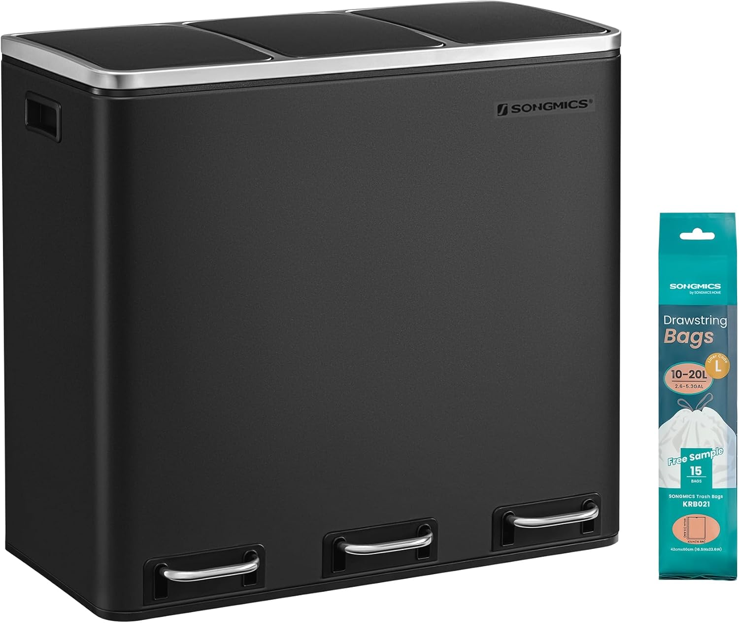 Poubelle Cuisine, 3 x 18L, Poubelle de Tri, 3 Compartiments, Déchets, Compost, Couvercles à Fermeture en Douceur, Pédales, Seaux Intérieurs, Acier, Noir d'Encre LTB54BK