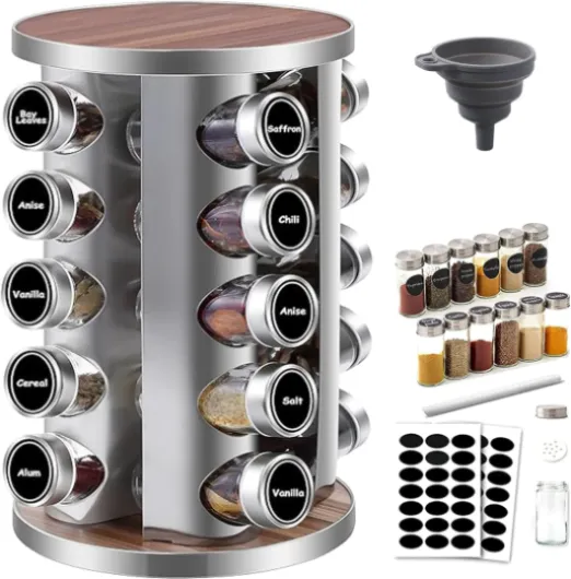 Tour à Épices Rotatif 360° avec 20 Pots en Verre - Support Épices en Acier Inoxydable 430, Organisateur de Cuisine et Barbecue - Étagère Rotative avec Couvercles Étiquettes (19x19x35cm)
