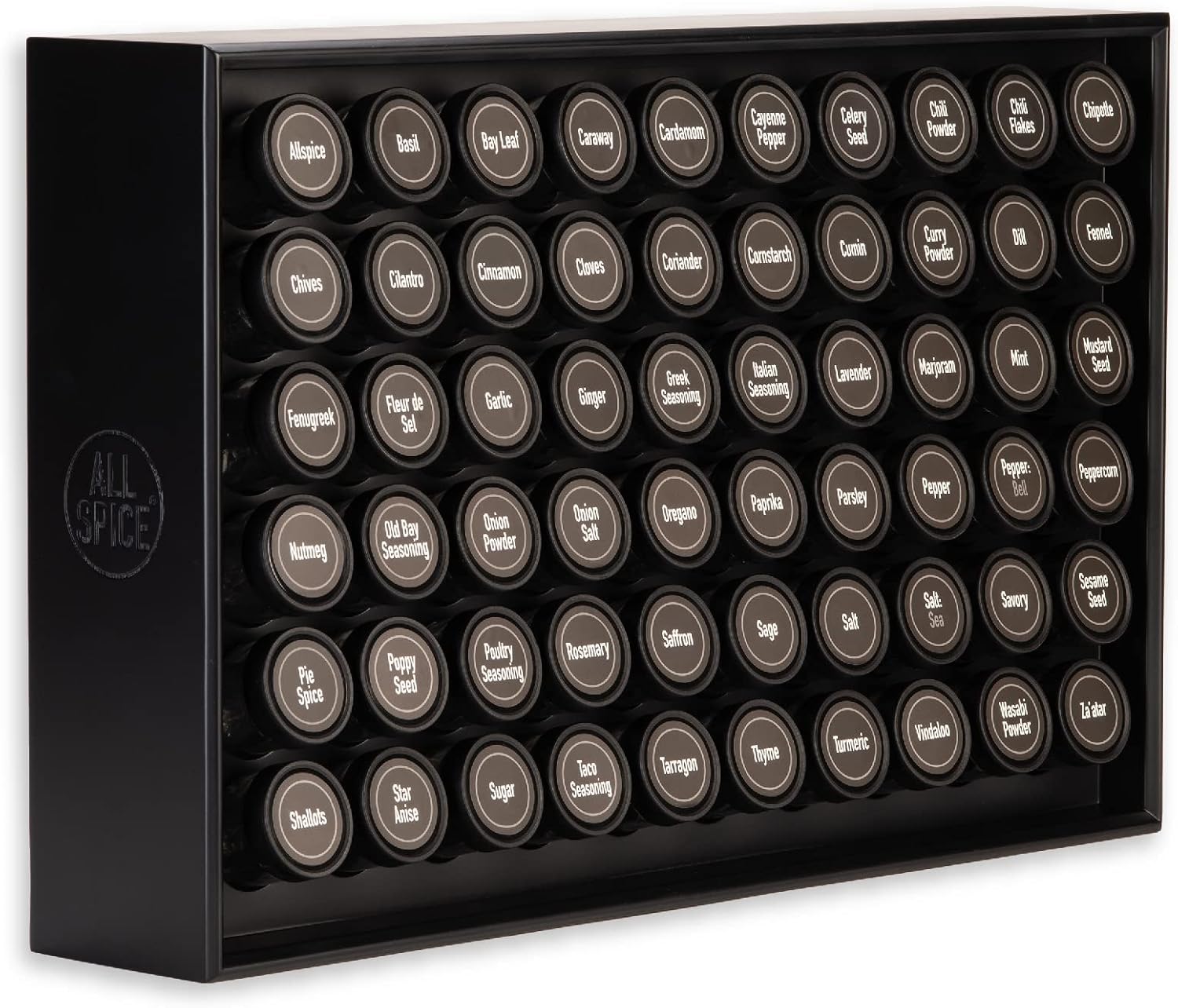 AllSpice étagère à épices en bois noir mat, comprend 60 pots en verre, étiquettes et accessoires 60 Pots Noir Mat