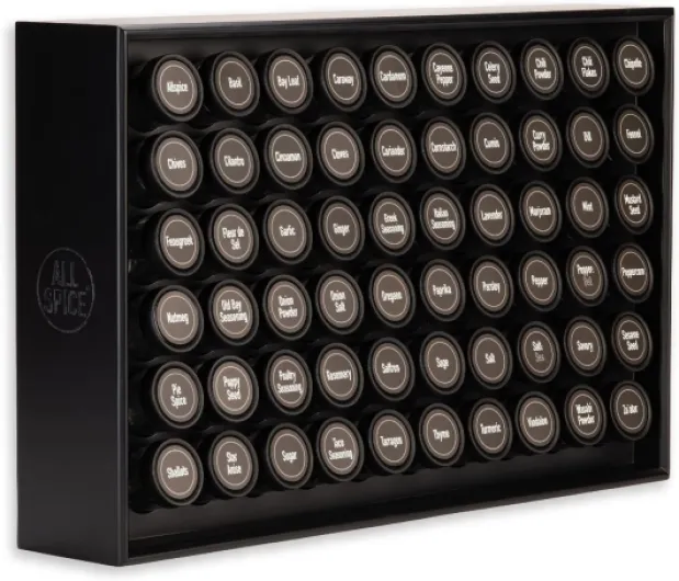 AllSpice étagère à épices en bois noir mat, comprend 60 pots en verre, étiquettes et accessoires 60 Pots Noir Mat