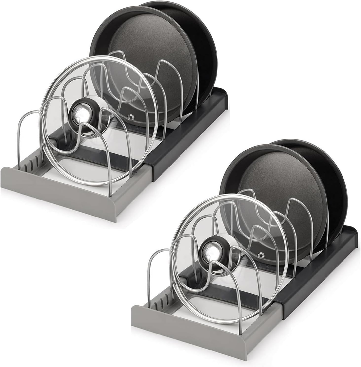 Lot de 2 supports de couvercles de casseroles, réglables, pour tiroir, organiseur de couvercle de cuisine, extensible, parfait pour les poêles, les casseroles et les couvercles