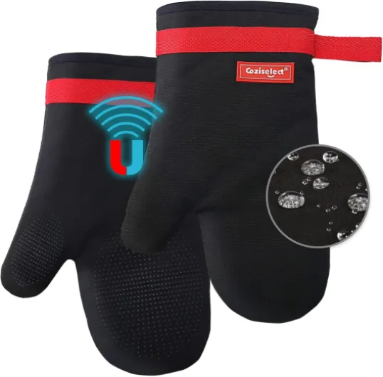 Gants de Four Coziselect, Gants résistants à la Chaleur, Conception antidérapante en Silicone, Conception Magnétique, Convient pour la Cuisson, la Cuisson, Le Grillage, Noir Paire de Gants Magnétiques Noirs