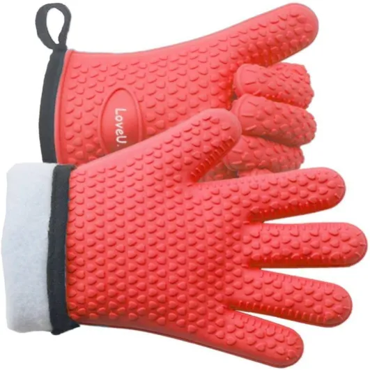 Gants de Cuisine Silicone et Coton Double Couche Gants de BBQ résistants à la Chaleur/Gants de Cuisson/Gants de Four/Porte-casseroles de Cuisson, 1 Paire Taille unique Rouge