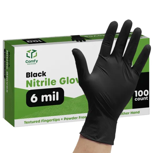 Comfy Package [100 Gants Gants en Nitrile Noirs Jetables, Sans Latex, 6 Mil Ultra Résistants, Sans Poudre, Résistants aux Produits Chimiques, Embouts Texturés - Taille Extra-Large - XL