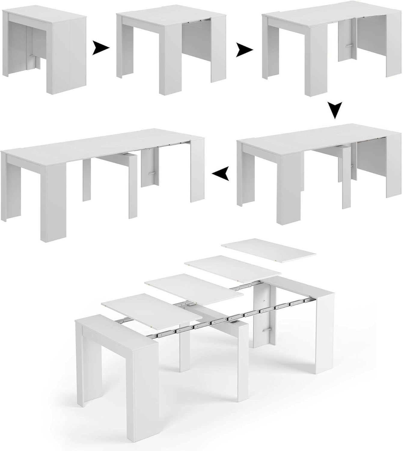 Dmora - Table console à rallonge Compton, Table à manger extensible, Table avec rallonges extensible jusqu'à 10 places, 51/237x90h78 cm, Blanc Brillant Blanc Support de rallonge inclus