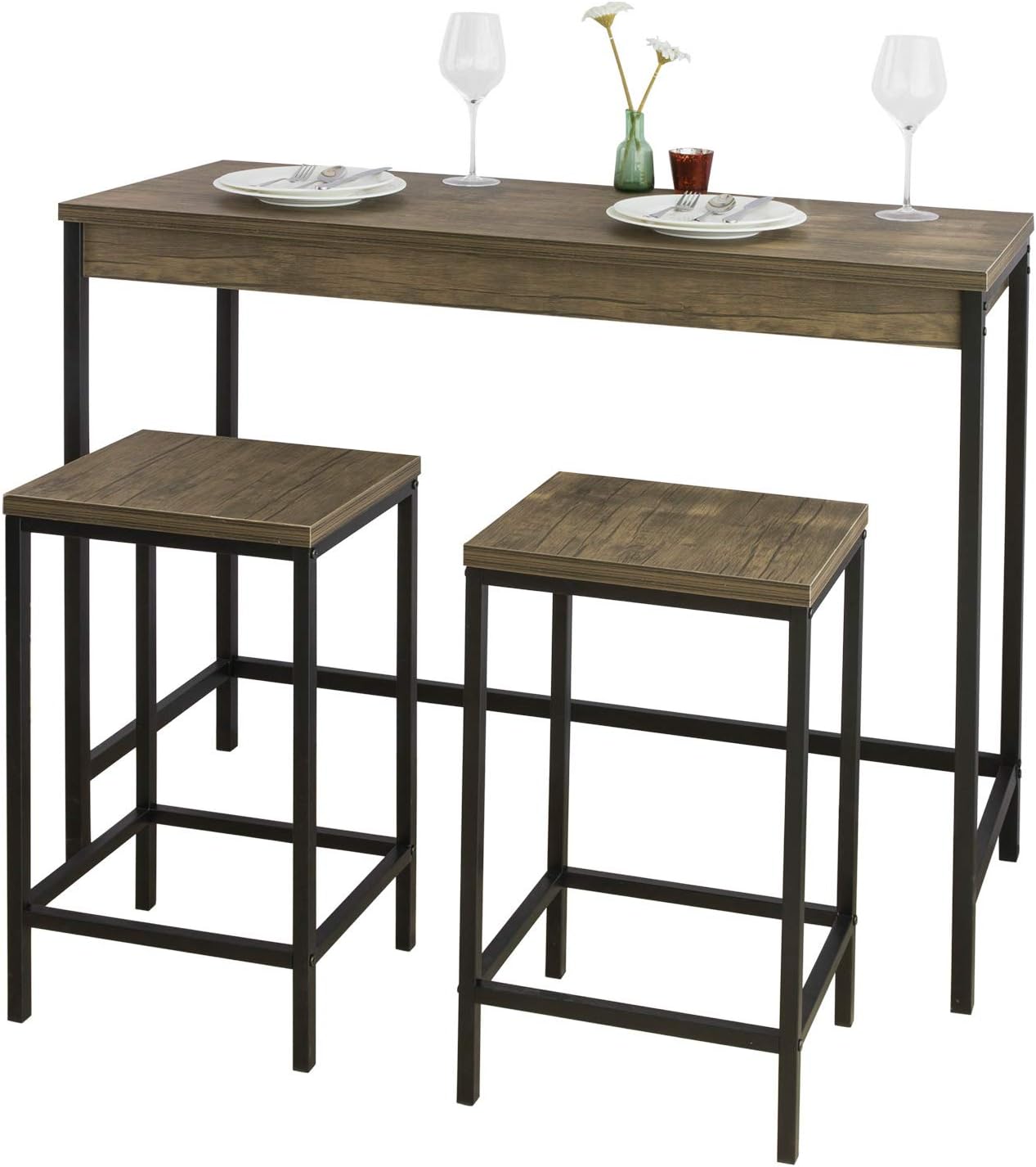Table Haute Mange Debout avec 2 Tabourets, Table de Bar Cuisine, Table Haute Cuisine Petit Espace, Table Mange Debout avec Tabourets, L121xP46xH97cm OGT30-N