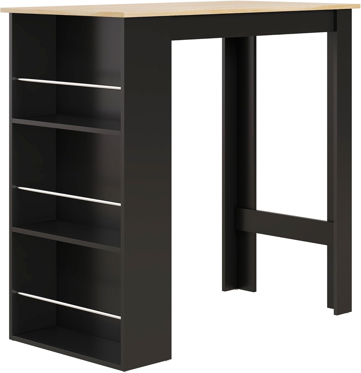 Table de Bar Table Haute de Cuisine Mange-Debout comptoir - dim - 112L x 57l x 106H cm - 3 étagères - Noir Bois Naturel, Noir