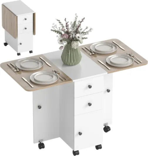 Table de Cuisine Pliable Table à Manger Pliante 2 Plateaux rabattables avec 2 tiroirs 1 Placard et 1 étagère de Rangement 120 x 60 x 76,5 cm - Blanc et chêne Blanc, Chêne