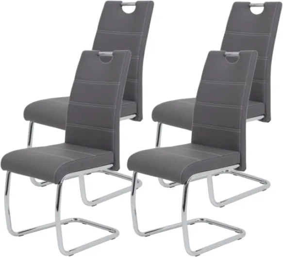 , Flora Lot De 4 Chaises Luge pour Cuisine, en Simili Cuir Gris, Poignée en Creux, Armature Métallique Chromée, 42 x 57 x 98 cm Gris Clair Lot de 4