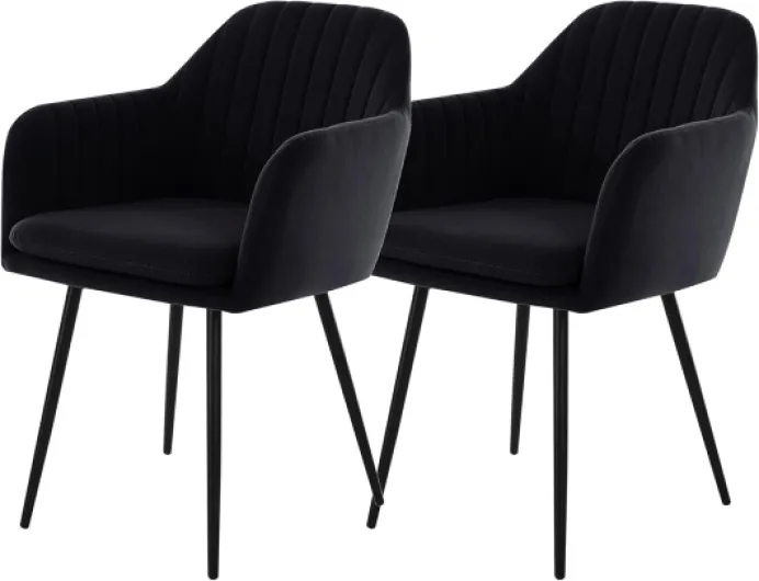 Mila Lot De 2 Chaises avec Accoudoirs, Chaise De Cuisine, Revêtement Velours Noir, Piétement en Tube Rond Noir, Accoudoirs, Surpiqûres Noir Lot de 2