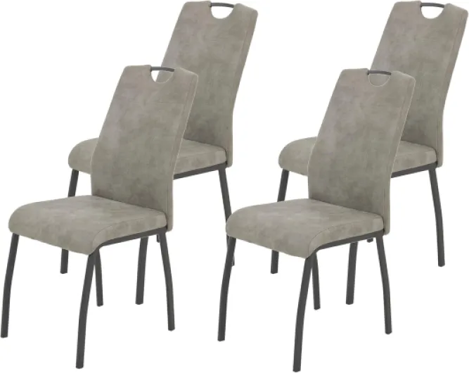 , Elif Lot de 4 Chaises de Salle à Manger et de Cuisine, Microfibre Grise, Piètement Métallique Gris à 4 Pieds, Dossier avec Poignée, Capacité de Charge 140 kg Gris Lot de 4