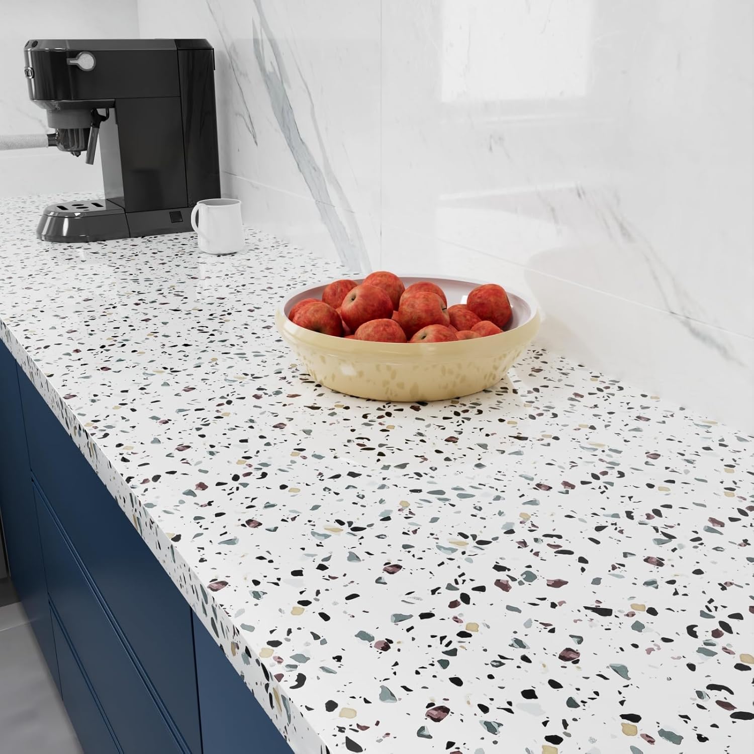 Blanc Papier Adhesif Pour Meuble Terrazzo Lavable 40cm x 400cm Papier Peint Blanc Revêtement Plan de Travail Cuisine Film Autocollant Décoratif Rouleau Vinyle pour Table Comptoir Amovible 40cmX400cm