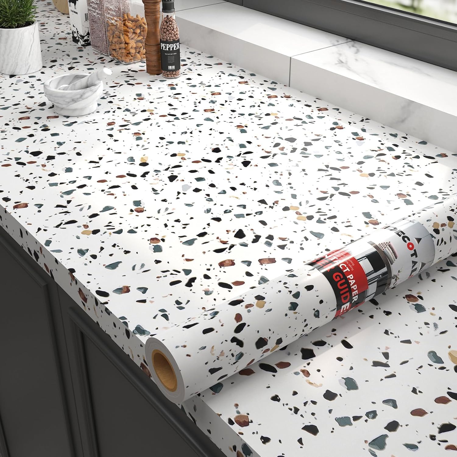 Papier Adhesif pour Meuble Cuisine Effet Terrazzo Blanc 90X300cm Très Grand Revtement Plan de Travail Adhésif Impermeable Papier Peint Auto Adhesif Film Décoratif pour Bureau Cuisine 90 x 300 cm