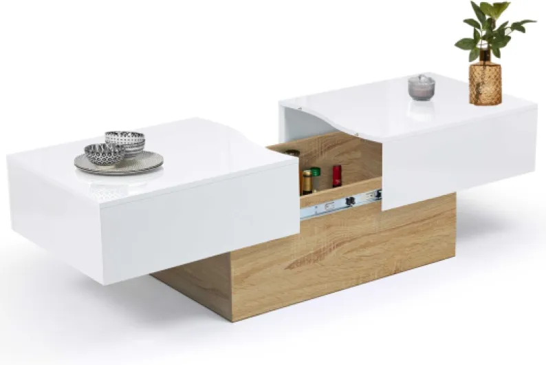 Table Basse coulissante rectangulaire Marta Bois Imitation hêtre et Blanc