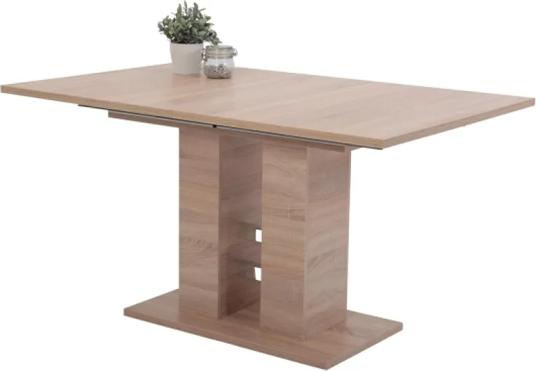 , Helena Table coulissante avec piètement à colonnes, matériau dérivé du Bois avec revêtement en mélamine, décor chêne Sonoma, Extensible avec Ouverture synchronisée 140-220 x 90 cm