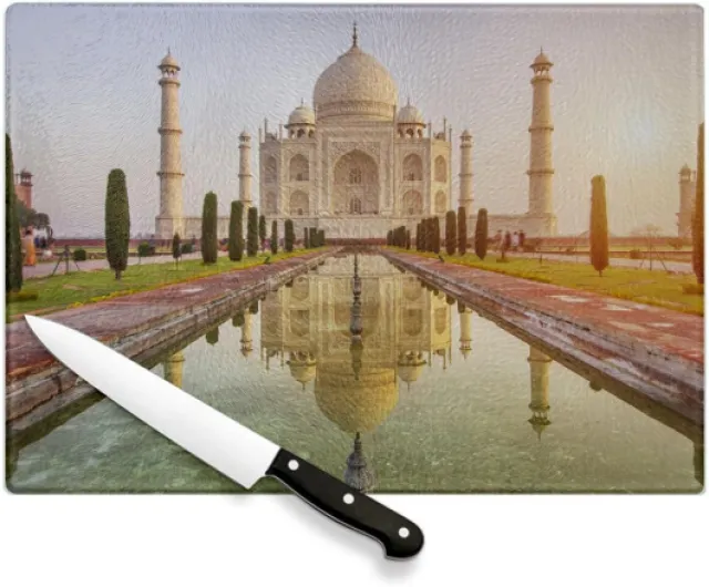 Planche à Découper en Verre Trempé - Taj Mahal Inde Merveille du Monde Monument - Protection Plan de Travail et Dessous de Plat Résistant Chaleur 2 Tailles Imprimé en France 20x28cm Taj Mahal 2