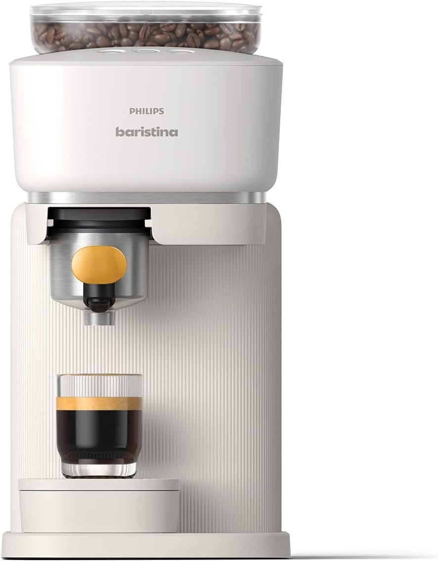 Baristina Machine à expresso - Un véritable expresso, en toute simplicité - Compacte - 16 bars de pression - Broyeur intégré - Machine blanche avec porte-filtre jaune (BAR300/03)