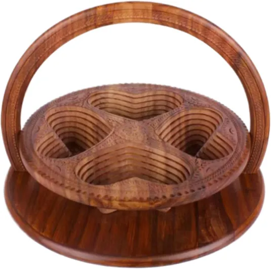 Panier en bois pliable - Corbeille à fruits pliable - Paniers pliables de sculpture sur bois à 4 compartiments faits à la main de 12 po - Assiette à fruits pliante en b-ois pour fruit et noix