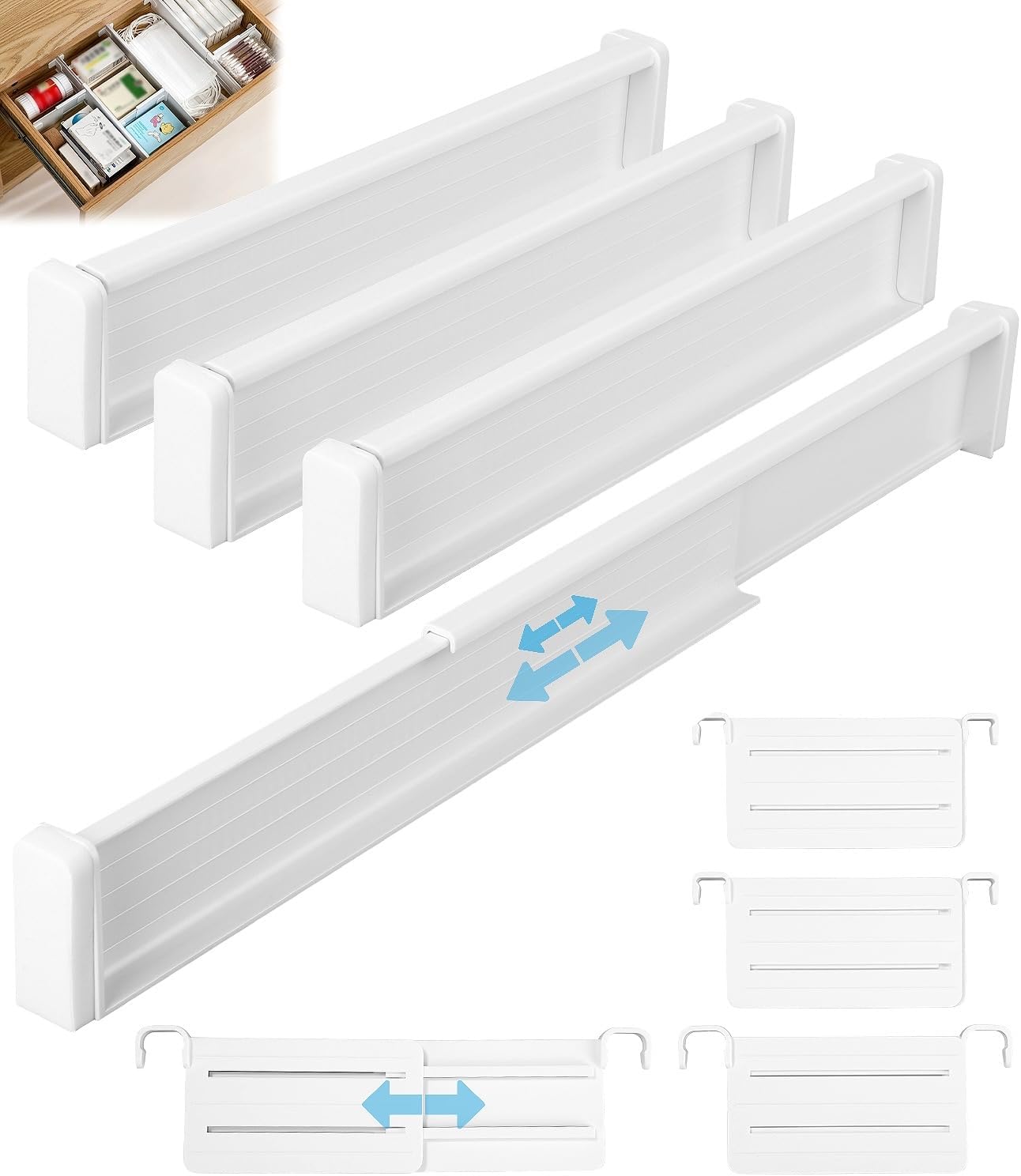 Separateur Tiroirs Reglable 8 Pièces Organisateur de Tiroir Réglables, Organisateurs de Tiroir Extensibles,pour Rangement de Cuisine, Chambre à Coucher, Commode Blanc.