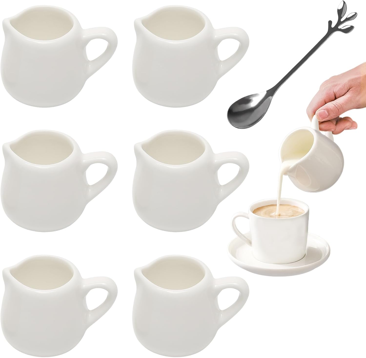 Lot de 6 Mini Pot à Lait en Porcelaine Blanc 50 ml, Pichet Céramique Lait, Petits Pots à Sauce Blancs avec Cuillère pour Lait, Café, Sauce, Crème, Pichet et Serveur de Sirop avec poignée