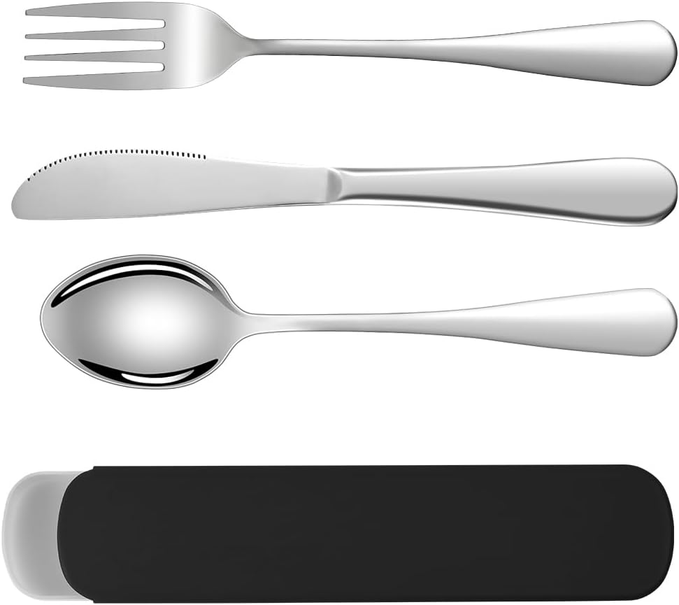 HOTUT Couverts de Camping, 3 Pièces Portables Ensemble de Couverts en Acier Inoxydable avec étui Portable, Passe au Lave-Vaisselle, Couteau/Fourchette/Cuillère pour Voyage Camping Bureau Noir