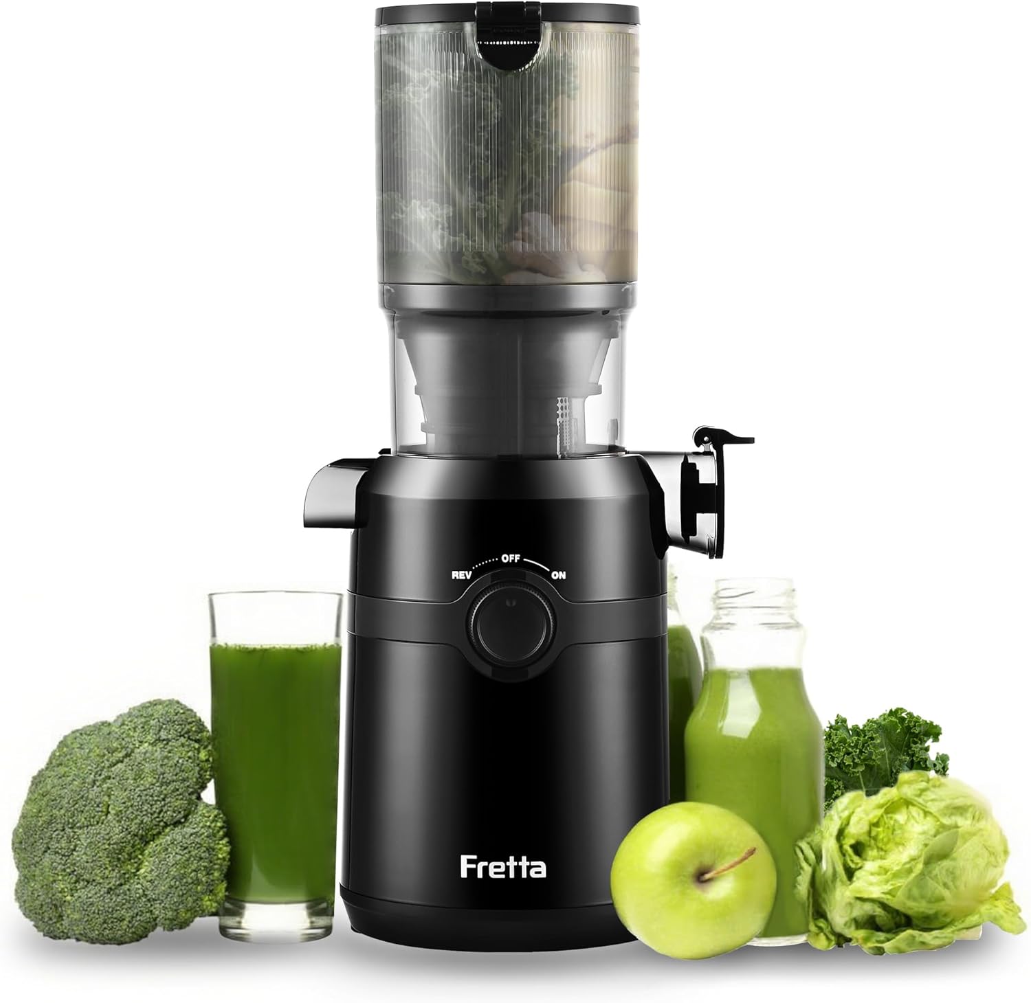 Extracteur de Jus, Fretta Extracteur de Jus de Fruits et Légumes Entiers, Grande Ouverture de 108mm Slow Juicer, 1L Capacité, Pression à Froid, Facile à Nettoyer, Sans BPA, 200W(Noir) 1L Noir