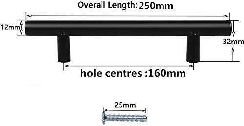 Lot de 20 poignee de meuble cuisine noir en acier inoxydable poignée meuble noir en T Bar Bâton Cuisine，Ø 12mm (Hole Centers:160mm)