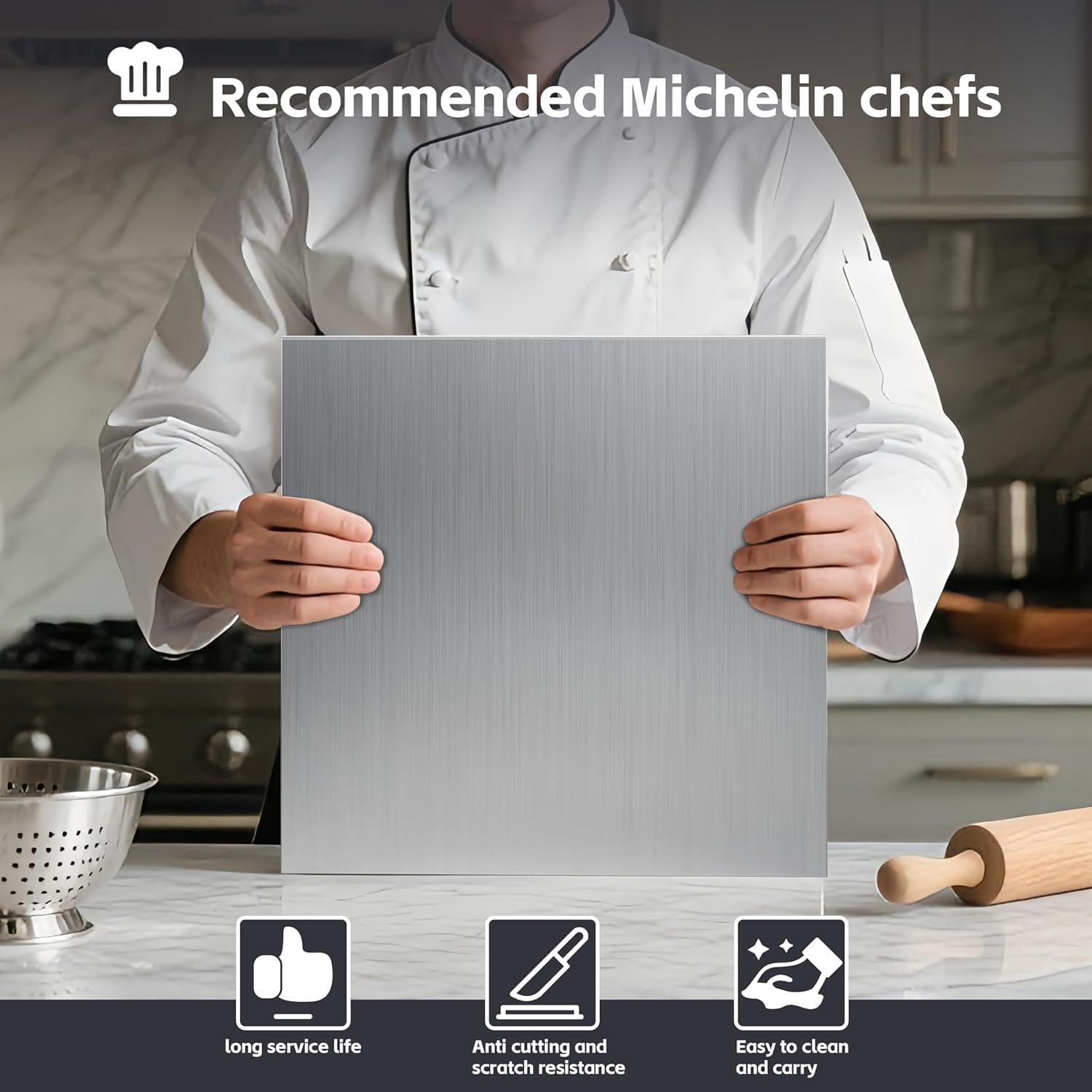 Plaque Inox Cuisine en acier Inoxydable, Planche a Decouper Inox, Protege Plan de Travail Cuisine avec bord d'arrêt, Planche à Pétrir Inox pour Pain et Pizza(Hauteur 2cm) (50X50cm)