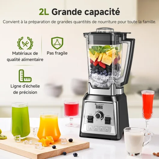 AMZCHEF Blender Professionnel, 2000W Blender Smoothie avec 8 Lames 3D en Acier Inoxydable, 2L Mixeur Blender Sans BPA - 25000 tr/min - 4 Fonctions Électroniques Prédéfinis - Régulateur à 8 Vitesses Noir