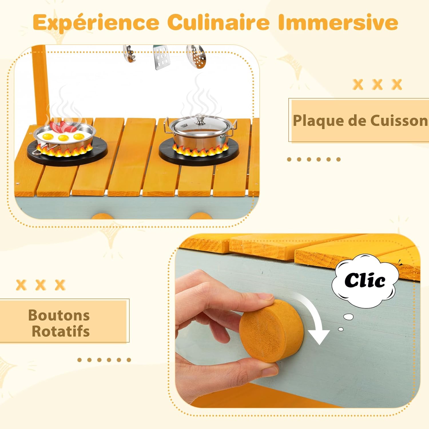 Cuisine Extérieure Enfant avec Jardinière & Treillis, Cuisine Enfant en Bois avec Robinet & Bac à Eau, Évier Amovible, Cuisinières, Étagères, Accessoires pour 3 à 8 Ans (Orange)