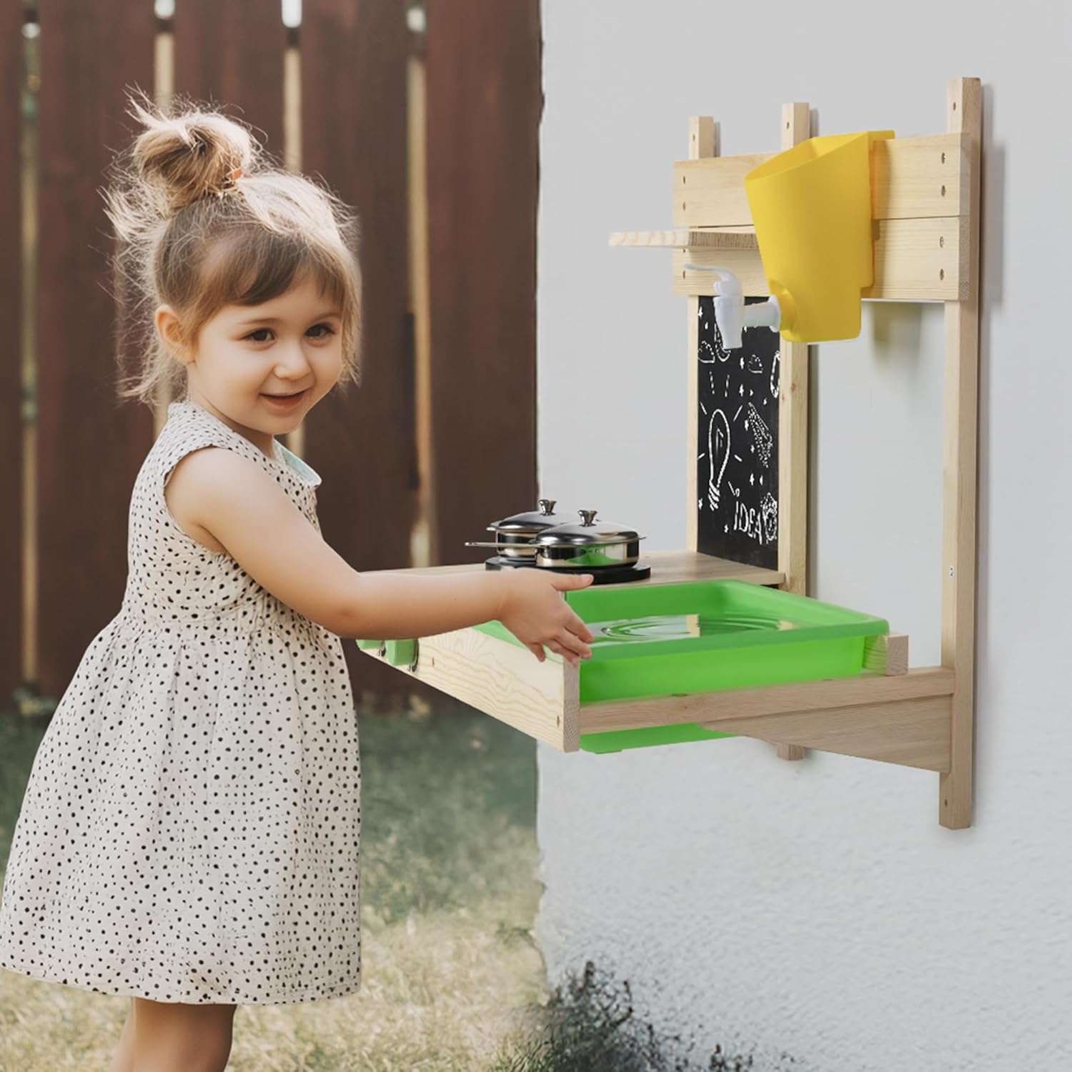 BlueWood Cuisine en Bois pour Enfants - Cuisinette Éducative Facile à Monter avec Évier, Cuisinière, Four et Tableau Noir, Jeu d‘Imitation pour Cabane Extérieure et Intérieur, 73 x 32.5 x 56 cm Cuisine boue murale