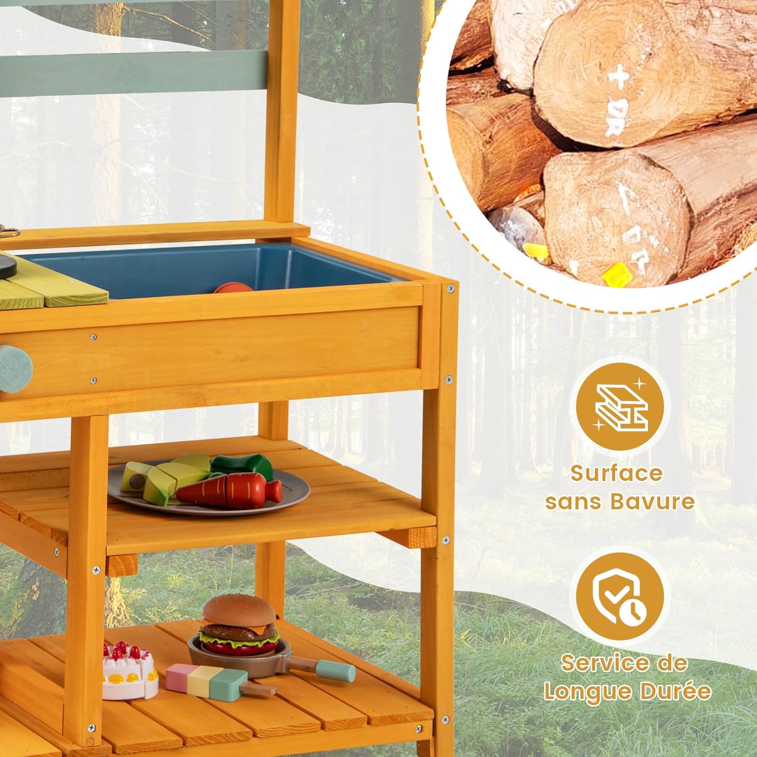 Cuisine Extérieure Enfant avec Évier & Poêles Doubles, Cuisine de Boue en Bois de Sapin avec Bouton Rotatif, Étagère de Rangement, Cuisine Boueuse pour 3 Ans+, 75 x 36 x 92 cm (Orange)