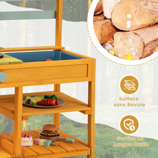 Cuisine Extérieure Enfant avec Évier & Poêles Doubles, Cuisine de Boue en Bois de Sapin avec Bouton Rotatif, Étagère de Rangement, Cuisine Boueuse pour 3 Ans+, 75 x 36 x 92 cm (Orange)