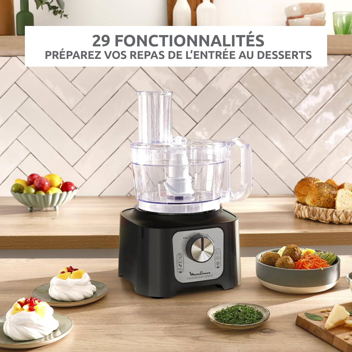 Double Force Compact Robot Cuisine Multifonction, Bol 3L, 800W, 2 Vitesses + Pulse, 9 Accessoires, Blender, Hachoir, Râpes, Noir FP546811 800W - 9 accessoires