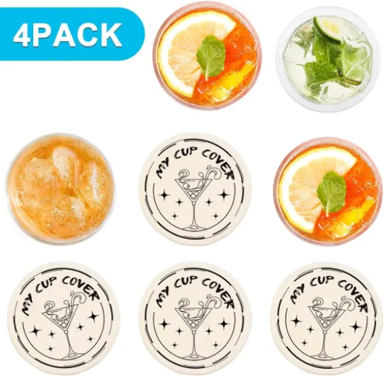 4 pièces Couvercle Anti-Débordement, avec Trou pour Paille, Couverture de Boissons pour Tasses, pour Fêtes, Revêtement en Latex Réutilisable, Facile à Nettoyer (Verre à Cocktail)