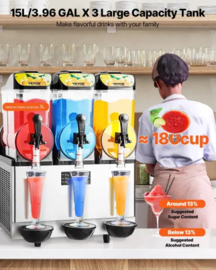 Machine à Granité avec 3 Réservoirs de 15 L, Machine à Boissons Glacées en Acier Inoxydable, Distributeur de Boissons Frappées Granitas Margarita Smoothie, pour Maison Restaurants Cafés Bars 3x15 L