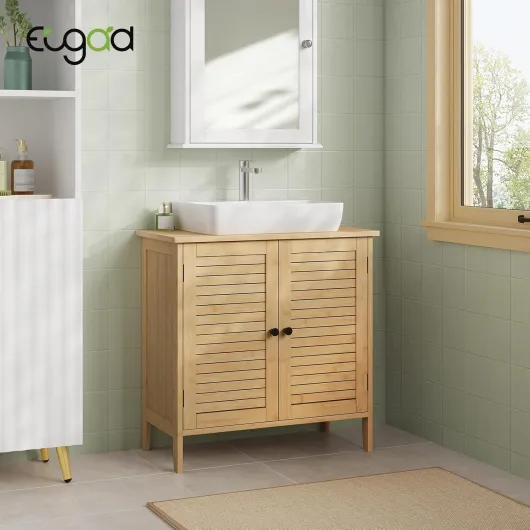 Meuble sous Lavabo Salle de Bain en Bambou, Meuble sous Vasque, avec Découpe pour Siphon 20x23 cm, Portes à Lames et Étagère Réglable, 60x30x60 cm