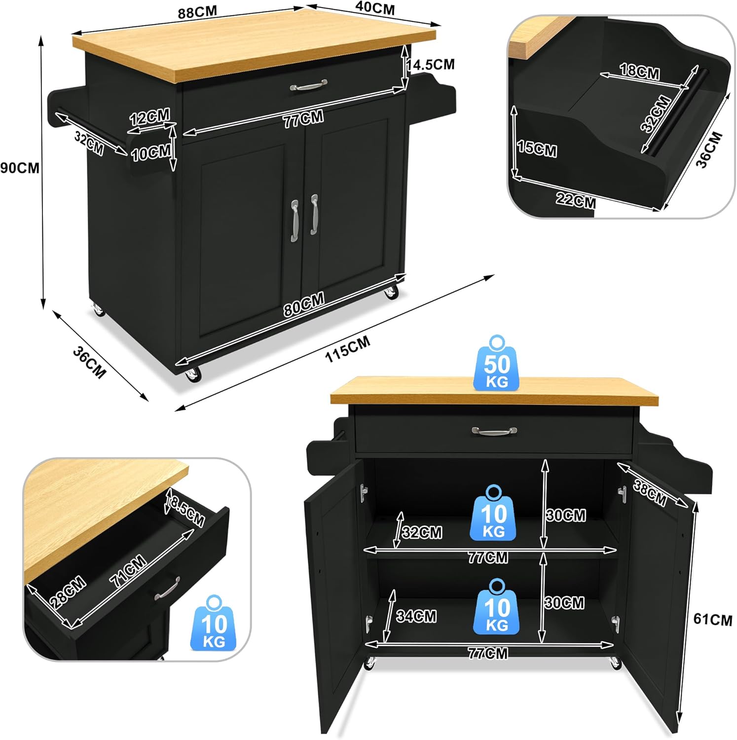 Chariot de cuisine avec plan de travail - Îlot de cuisine mobile - Chariot de cuisine - Chariot de service - 115 x 36 x 90 cm - Noir