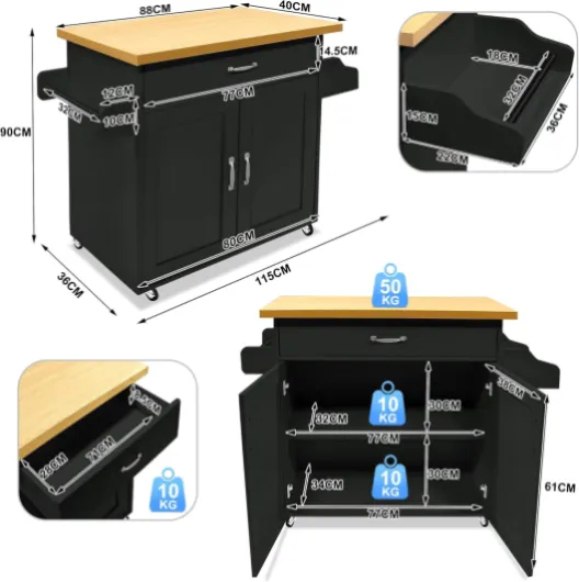 Chariot de cuisine avec plan de travail - Îlot de cuisine mobile - Chariot de cuisine - Chariot de service - 115 x 36 x 90 cm - Noir