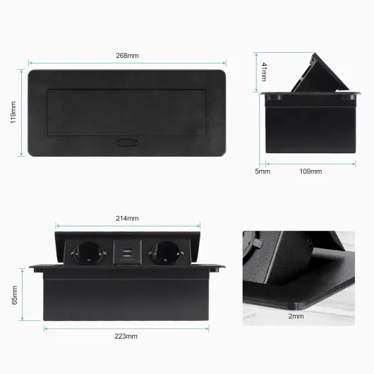 Prise Encastrable Plan de Travail Noir, Multiprise Plan de Travail Cuisine avec 2 Prises +2USB noir sans câble et sans fiche