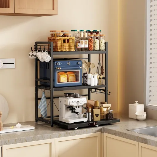 Etagere Micro Onde Cuisine Rangement Extensible,étagère Plan Travail pour Microwave à 3 Niveaux,Microwave Oven Storage Rack avec Porte-Tasse et Panneau de Base Coulissant, Noir 3 niveaux(porte-tasse&Panneau de base)