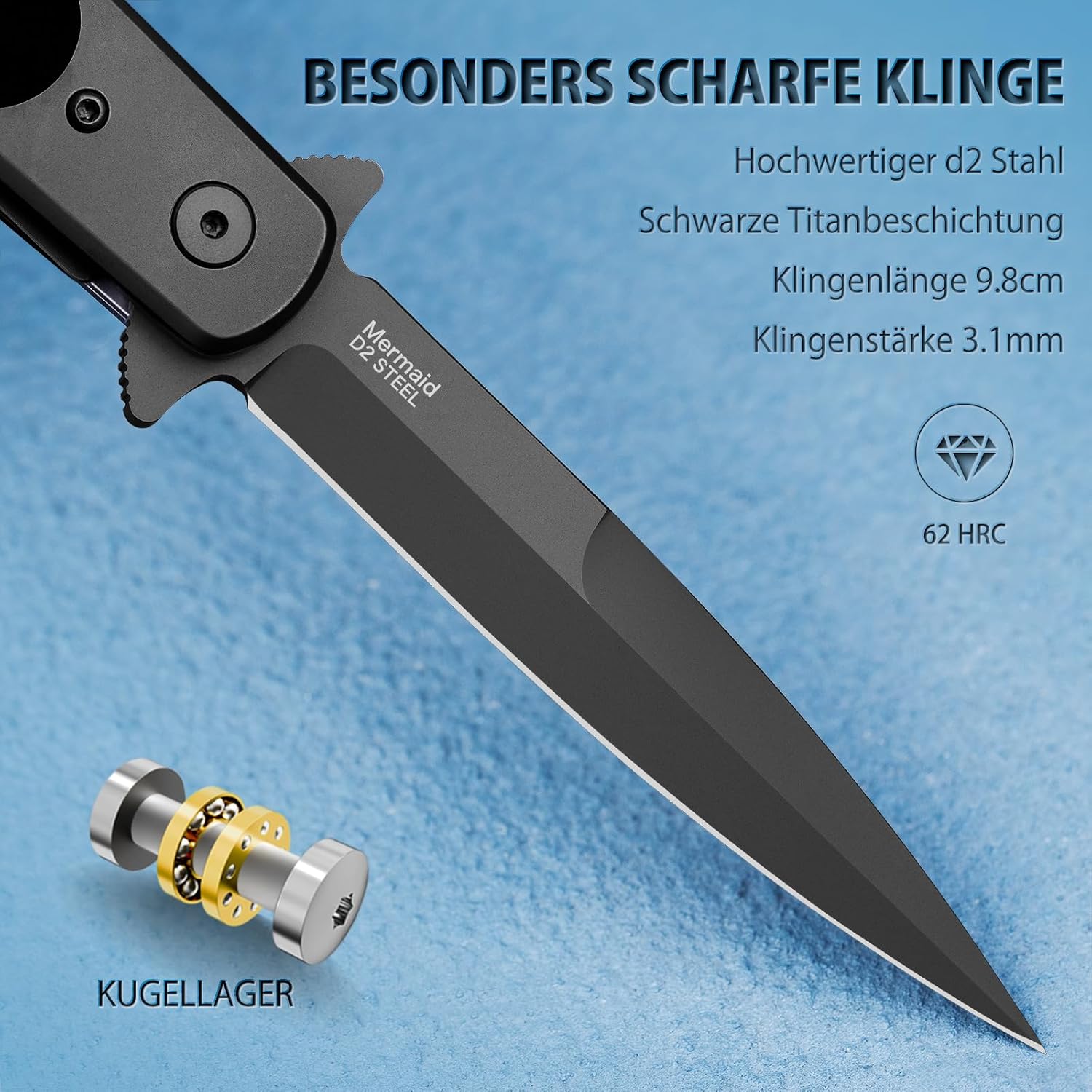 NedFoss MERMAID couteau pliant, Manche en G10, acier d2, clip ceinture couteau, couteau survie, couteau de poche,Convient à l'usage quotidien, à l'extérieur, aux cadeaux Mermaid I-Noir