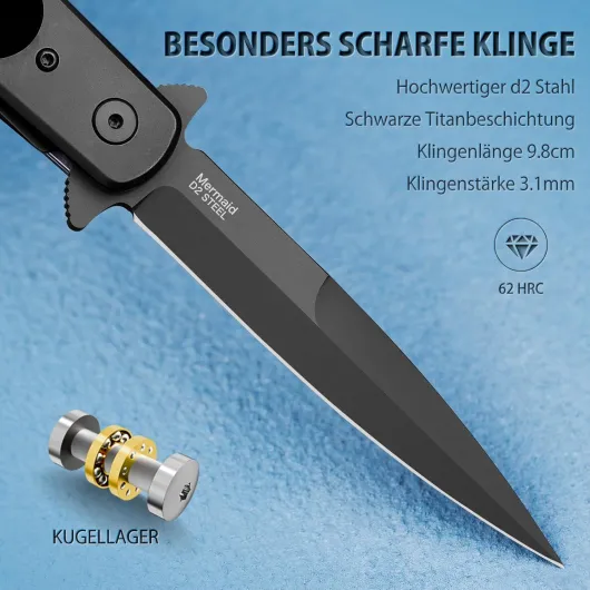 NedFoss MERMAID couteau pliant, Manche en G10, acier d2, clip ceinture couteau, couteau survie, couteau de poche,Convient à l'usage quotidien, à l'extérieur, aux cadeaux Mermaid I-Noir