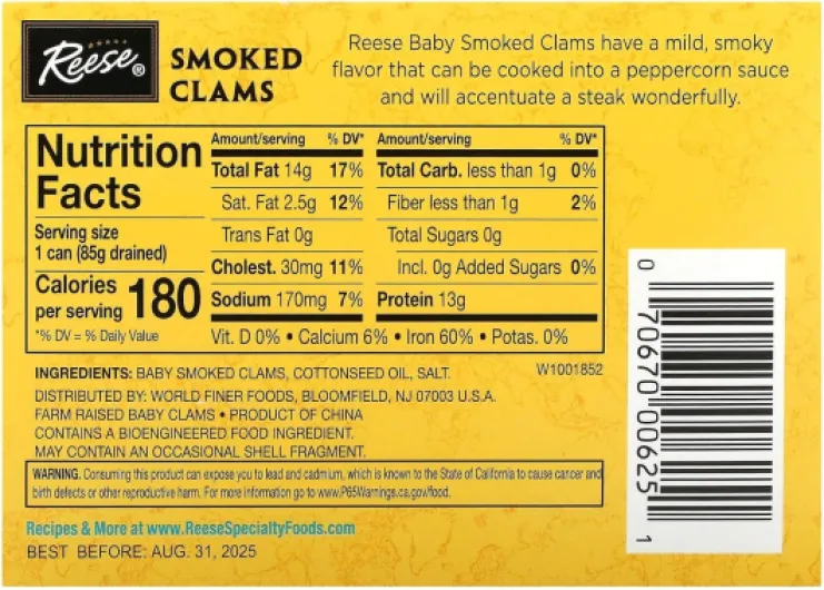 Reese Smoked Baby Clams, 3.66-Ounce Cans, 10-Count