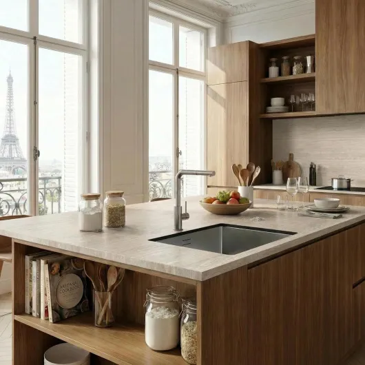 Plan de Travail Cuisine Travertin Tivoli - Pierre Naturelle Romaine Authentique - Stratifié HPL 20mm Sur Mesure - Évier Sous Plan - ICIDECO