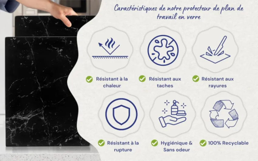 Planche à Découper 40×30cm en Verre Trempé – Plaque en Verre pour Cuisine, Durable, Résistante aux Rayures et à la Chaleur – Protection de Plan de Travail – Effet Marbre Noir Design 01 40L x 30l cm